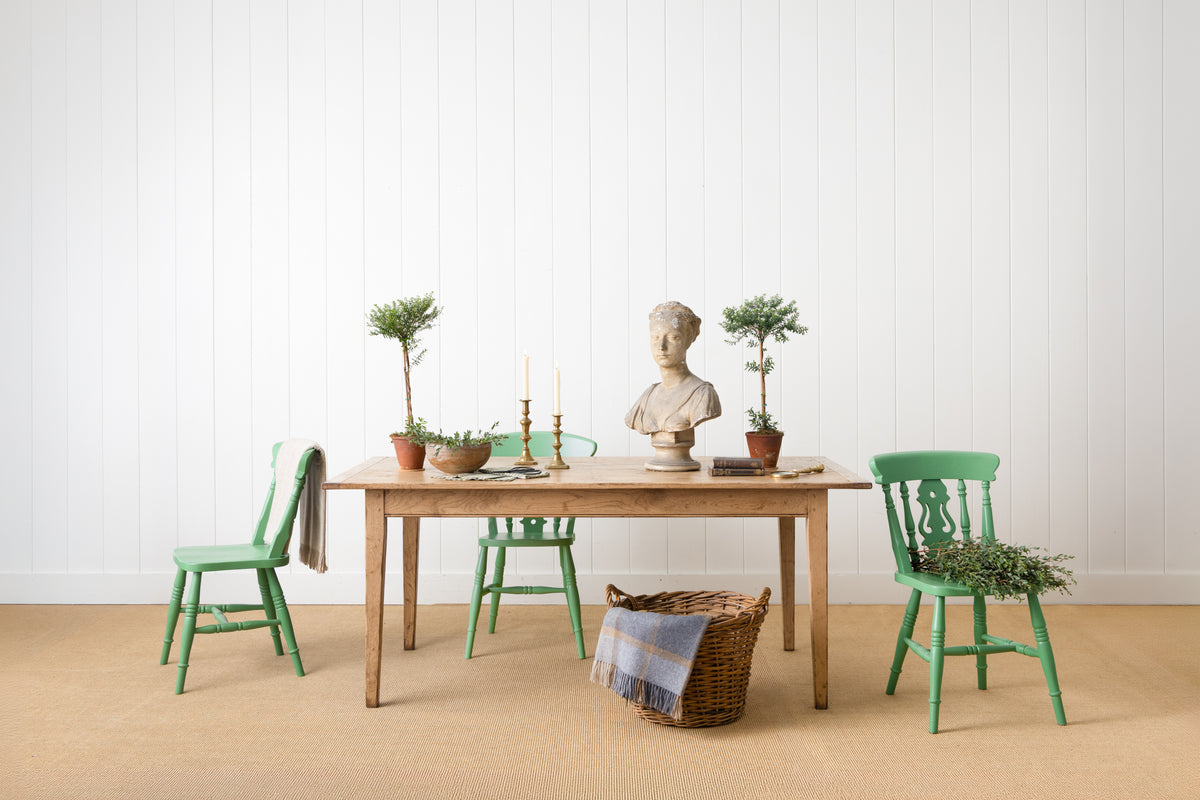 English oak farmhouse dining table, handmade with mortise and tenon joinery and a hand-spokeshaved top. Available in 6', 7' and 8' lengths with bleached, light or dark oak finishes.

English oak farmhouse dining table in bleached oak